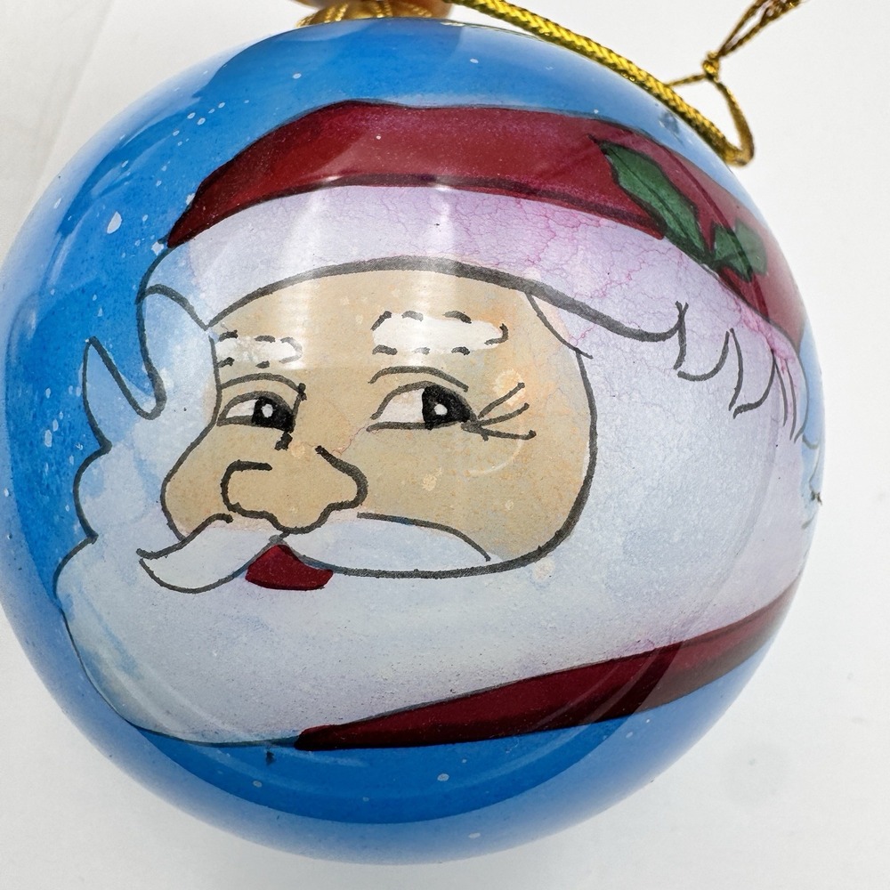 3" Pier One Li Bien Ornament Santa  Reverse Hand Painted Glass Christmas Round